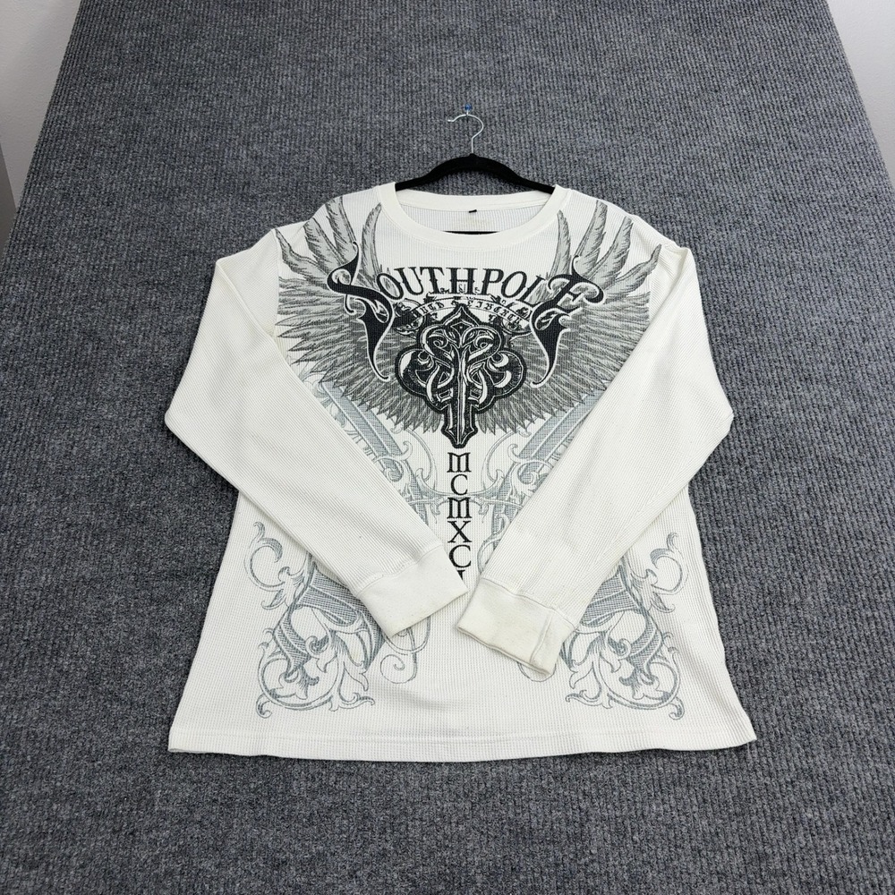 Southpole Long Sleeve Shirt Men XL White Waffle Knit Graphic Y2K Goth Streetwear - Picture 4 of 7